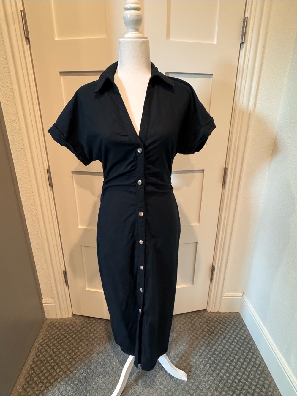 Zara Black Button-Front Midi Shirt Dress